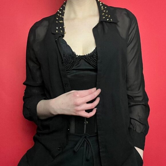 Stella tweed / Sheer black button up blouse with studded accents ๐ค๐โโโโโ - Picture 5 of 6